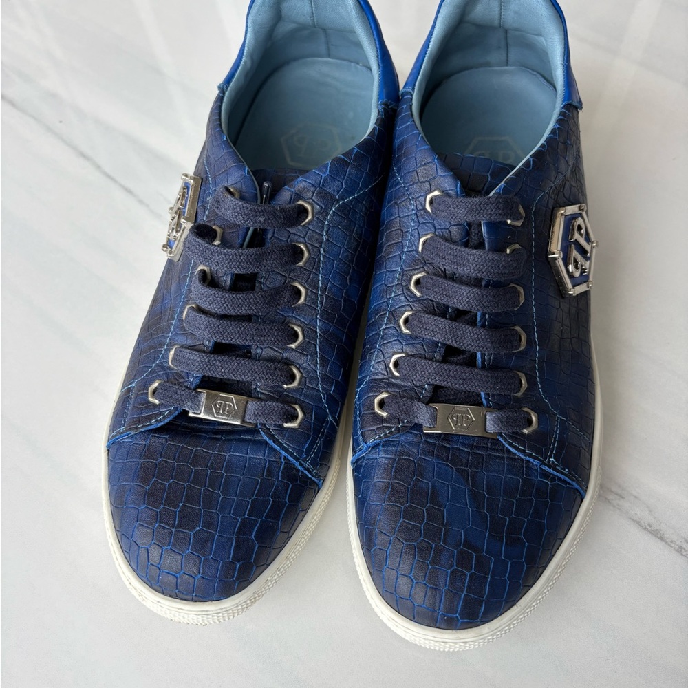 PHILIPP PLEIN Blue Crocodile Leather Print Lo-Top Sneaker Luxury Designer - Picture 4 of 11
